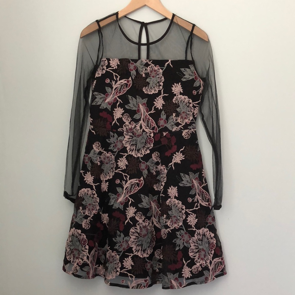 Girls’ floral embroidered sheer sleeve dress